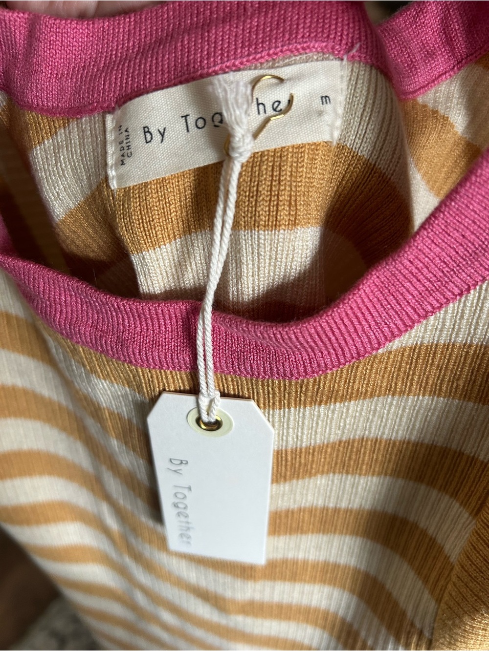 Striped Knit Sweater Dress in Mustard, Cream & Pink Trim - Picture 3 of 5